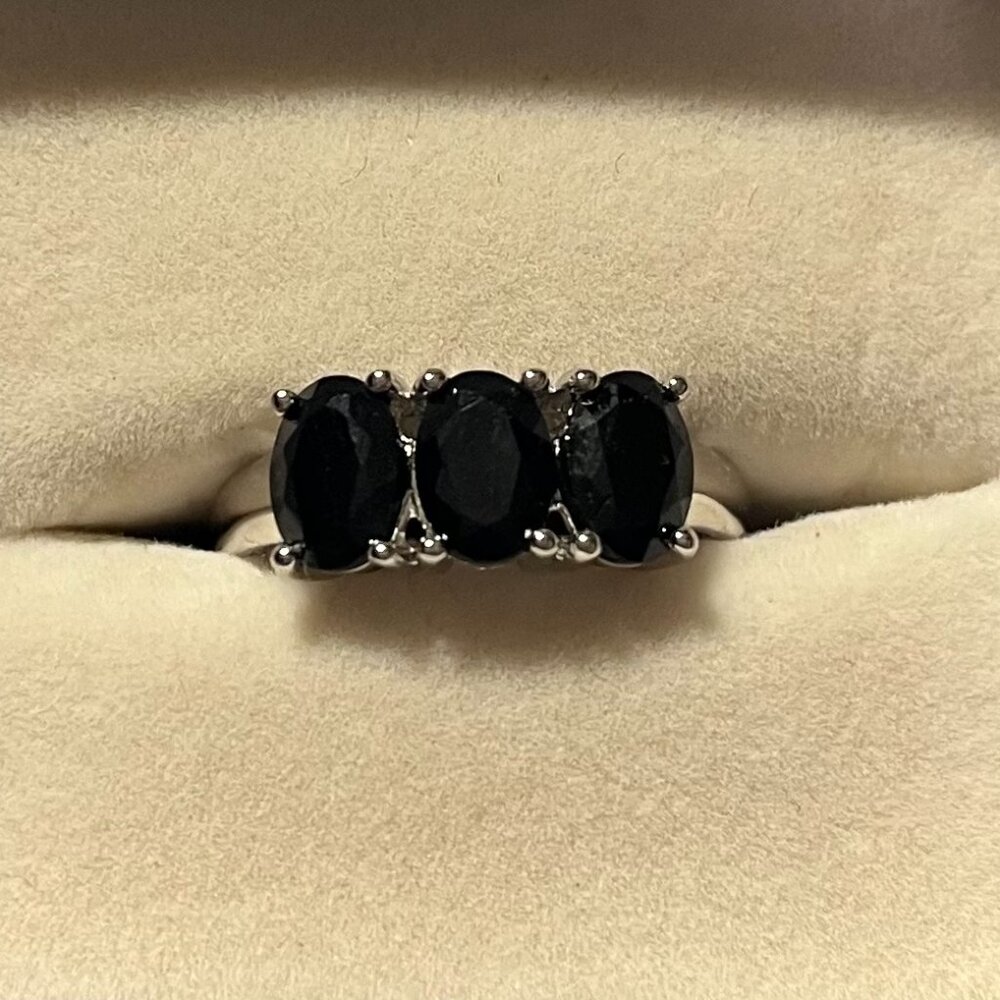 Black Sapphire Three Stone Ring Set in Sterling Silver - Never Worn, NIB